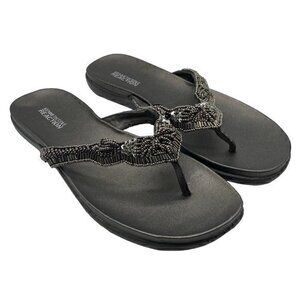 Kenneth Cole Reaction Women Sandals Flip Flops Flats Beaded Detail Gunmetal 10M